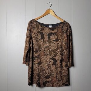ONLY NINE GOLDEN AMBER BROWN LEAF LIQUID KNIT TUNIC 3/4 SLEEVES WOMENS SIZE 2X